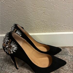 Giuseppe Zanotti Black Suede Pointed Pumps with Crystal & Gold Heel Detail